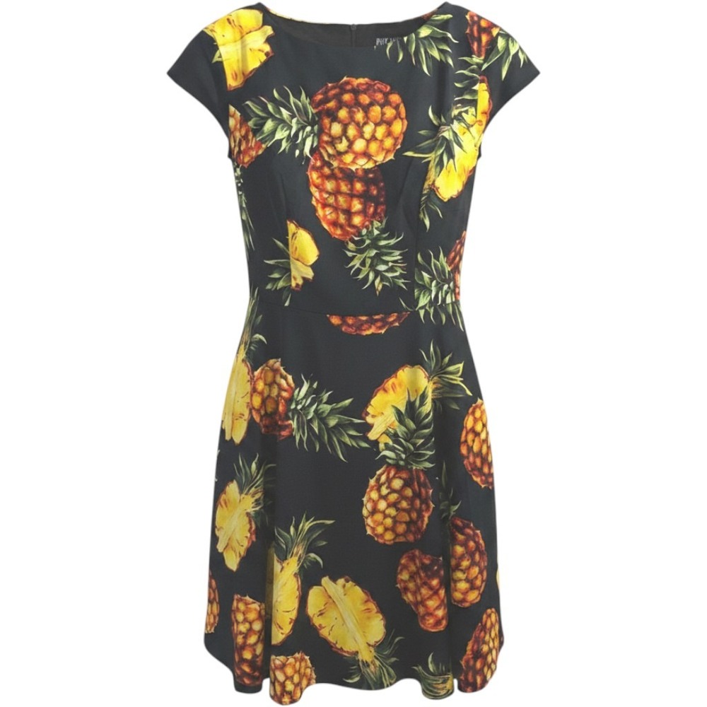 PUKAVT Pineapple Print Dress Womens 3XL Black Yellow Tropical Fit & Flare Modern